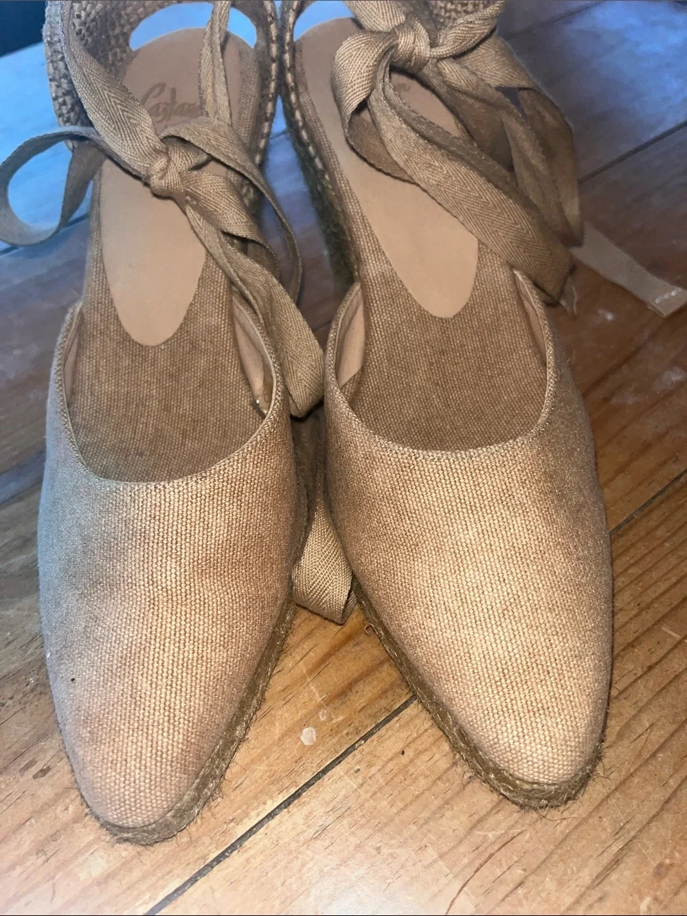 Castaner Taupe / Tan Canvas Espadrille Wedge with Ankle Tie